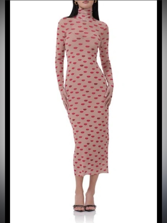 AFRM Dresses & Skirts - AFRM Shailene Turtleneck Mesh Long Sleeve Almond Kiss Dress Small